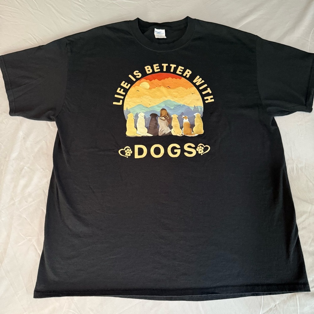 “Life Is Better With Dogs” Black Short Sleeve Tee with Sunset Dog Lover Design